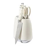 Oster Deaton Knife Block Set with Stainless Steel Knives & Kitchen Shears, 6-Piece Kitchen Cutlery Set with White Handles and Countertop Storage Block