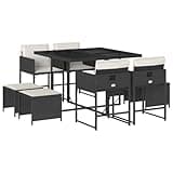 WRJENFSC 9-Piece Garden Dining Set, Black Poly Rattan Outdoor Furniture with Cream Cushions, Includes Rectangular Dining Table and Stackable Seating for Backyard, Patio, and Terrace