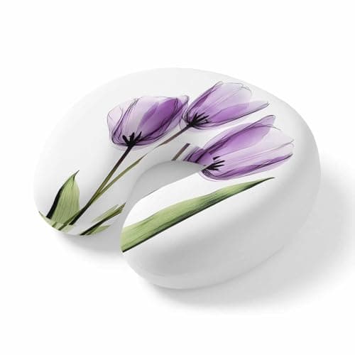 Travel Pillows U-Shaped Neck Pillow Blossom Purple Tulip Flower Ergonomic Memory Foam Pillow Head Cushion,Spring Floral Leaves on White Soft Portable Neck Pillows for Office Airplane Car Train