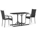 WDSAYREH 3 Piece Black Patio Dining Set with Powder-Coated Steel Frame and PE Rattan, Glass Tabletop, Stackable Outdoor Chairs for Patio