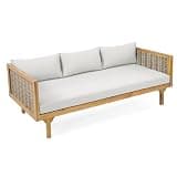 YJSPSSW 3 Seater Outdoor Daybed with Rattan Arms, Acacia Wood Frame, Water-Resistant Beige Cushions, Slat Paneling
