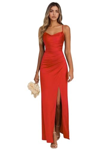 Satin Bridesmaid Dresses 2026 Long Spaghetti Straps Prom Dress Fitted Formal Prom Evening Gowns with Slit Red 22W