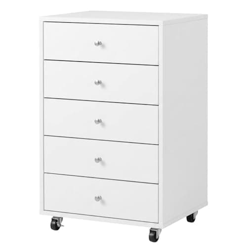 Relyblo 5-Drawer Mobile Wood Filing Cabinet, White Vertical Storage Organizer with Wheels for Home Office, Under Desk Printer Stand & Document Organizer