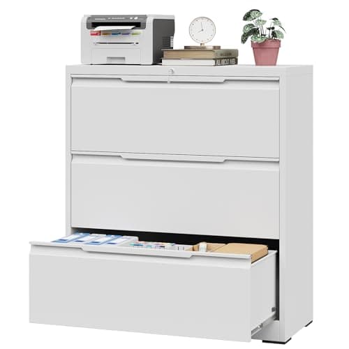 Korolado 3 Drawer Lateral File Cabinet with Lock, Heavy Duty Large Metal Filing Cabinet for Home Office for Letter/Legal/F4/A4 Size, Easy Assembly, White