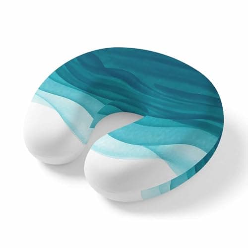 Ombre Teal Waves Travel Neck Pillow Memory Foam,Hand Neck Support Airplane Pillow for Traveling Bed Car Office Home,Abstract Art Gradient Modern Portable Flight Pillows with Removable & Washable Cover