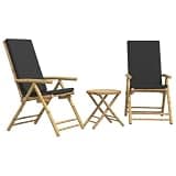 WDSAYREH 3 Piece Folding Bamboo Bistro Set with Dark Gray Cushions, Patio Reclining Chair with 5-Position Adjustable Backrest, Outdoor Furniture for Backyard Balcony
