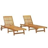YUOGHRTFE Acacia Wood Sun Loungers 2 Pcs, Foldable with Adjustable Backrest and Wheels for Pool Patio Garden