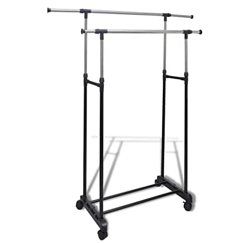 VIHHQGC Adjustable Stainless Steel Clothes Rack with Wheels, Black and Silver Finish, 4 Wheels with Brakes, Dual Hanging Rails, Expandable Design for Bedroom and Utility Room