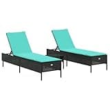 KMUNGDWG Patio Sun Lounger Set with Adjustable Backrest, 3 Piece Black Poly Rattan Outdoor Lounge Chair with Thick Cushion and Removable Cover
