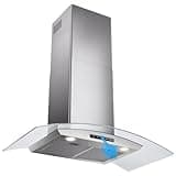 VIKIO HOME 36 Inch Wall Mounted Range Hood, Curved Glass Kitchen Vent Hood, 450 CFM Ducted/Ductless Convertible Chimney Hood with Dual Inlet, 3-Speed Touch Control and 2 Charcoal Filters Included