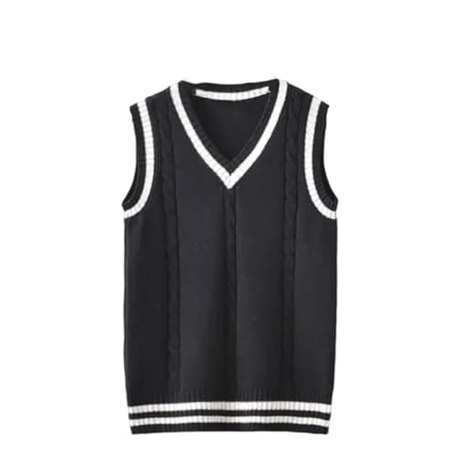 Men V Neck Striped Knitted Sweater Vest Sleeveless Pullover 01 Black Vest S