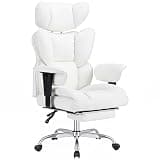 DUMOS Big and Tall Home Office Desk Chair, Ergonomic Executive Chair with Footrest, Computer Gaming Chairs with High Back Reclining, Adjustable Armrests and Comfy Lumbar Support, PU Leather, White