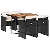 WRJENFSC Garden Dining Set for 4, Outdoor Furniture with 43.3 Inch Acacia Wood Table and 4 PE Rattan Chairs, Includes Cushions for Terrace and Backyard, Black and Cream