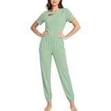 Oplxuo Two Piece Sets for Women Asymmetrical Neckline Short Sleeve and Jogger Pants Set Elastic Waist Golf Tracksuit