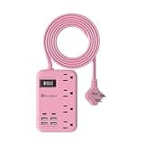 6 USB(2 USB C) Pink Extension Cord- 5Ft Travel Power Strip with 24W USB Charging Station and 4 Outlets, Pink Desk Accessories with Surge Protector for Cute Kawaii Gifts College Dorm Desk