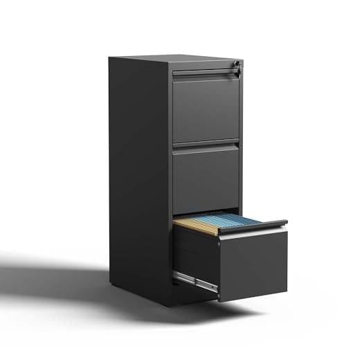 AYJOIR 3 Drawer File Cabinet, Vertical File Cabinets with Lock, Metal Filing Cabinet for Home Office, Assembly Require, Holds Letter, Legal, A4 File Size (Black, 3 Drawer)