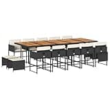 WRJENFSC 15 Piece Garden Dining Set, Large Patio Furniture Set with Solid Acacia Wood Tabletop and 14 Person Seating, Black and Brown Synthetic Rattan Wicker Dining Set for Backyard