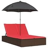 KMUNGDWG Double Patio Sun Lounger with Cushions, Parasol, and Curtains, Brown Poly Rattan, Adjustable Backrest