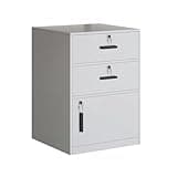 predolo Lockable Office Cabinet Black Handles Under Desk File Cabinet Flat Tops, 40cm Two-Drawer One-Door Warm White