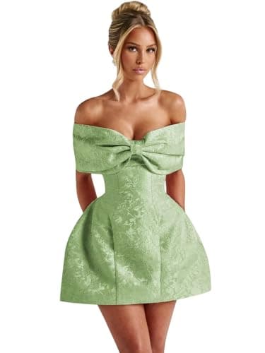 Czbbe Short Sage Green Homecoming Dresses for Teens Off Shoulder Jacquard Satin Sweet 16 Prom Dress with Bow Size 2