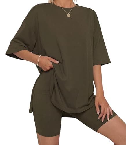 LUBOT Women's 2 Piece Lounge Set 2026 Summer Biker Outfits Oversized tracksuit Knit Casual Travel Airport Wear Army Green M