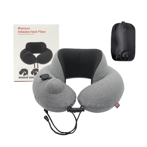 Inflatable Travel Neck Pillow with Memory Foam Neck Chin Support One-Button Deflation, Portable with Carry Bag (Light Grey)