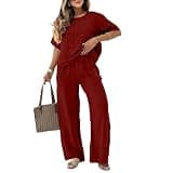 Oplxuo Women Linen 2 Piece Pant Sets Floral Embroidery Crew Neck Short Sleeve Top Wide Leg Pants Summer Travel Matching Set