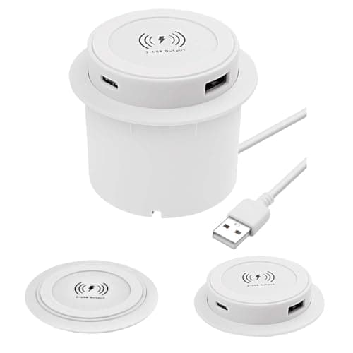 3-in-1 Retractable Table Socket, Built-in Socket, Retractable with 15 W Wireless Charger, Wireless Charger Installation Invisible, Built-in Socket with USB and Type-C, for Bedside Table, Desks (White)