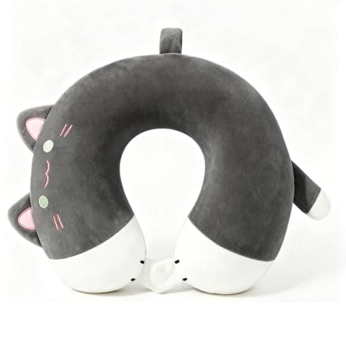 Sexysamba Kids Travel Pillow Memory Foam U Shaped Neck Pillow Cartoon Animal Headrest for Car Flight Airplane Plane Road Trip Sleeping, Soft Neck Support for Adult Boys Girls Gift, Cute Dark Gray Cat
