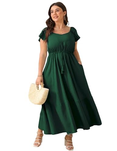 ShopWonder Women Plus Size Boho Maxi Dress Short Sleeves High Waist Ruffle Casual Summer Dress with Pockets Dark Green 2XL