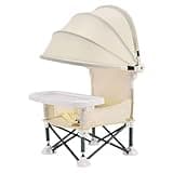 Portable Folding Baby High Chair with Canopy, Outdoor Camping and Beach Use (Beige)