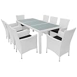 Makastle 9 Piece Patio Dining Set, Cream White, 74.8 x 35.4 x 29.5 Inches, PE Rattan with Frosted Tempered Glass Top, Rectangular Table and 8 Chairs with Black Cushions, Assembly Required