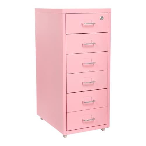 6 Drawer File Cabinet with Lock, Freestanding Filing Metal Drawers Organizer Vertical Metal Rolling Organizer Movable Under Desk Cabinet with Wheels for Home Office Living Room Study (6 Tiers Pink)