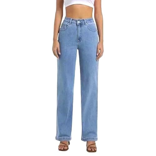 Women's Loose High Waist Denim Pants Straight Leg Casual Pocket Trim for Weekend Shopping Urban Jeans Light Blue M