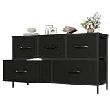 OLIXIS 5 Drawer Dresser for Bedroom, Closet Chest Organizer Furniture, TV Stand for Living Room Hallway, Wide Fabric Storage Tower with Wooden Top and Metal Frame, Black
