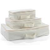 Shinymoon 3 Set 100% Cotton Packing Cubes with Handle Travel Luggage Storage Organizer Bags Beige Suitcases Bags Durable Zippers for Clothes Shoes Storage Weekend Plus Set(Regular Styles)