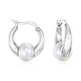 Ross-Simons 7.5-8mm Cultured Akoya Pearl Huggie Hoop Earrings in Sterling Silver