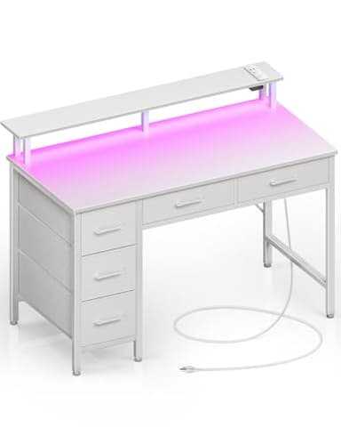 Seventable Computer Desk with Power Outlets & LED Light, 39 inch Home Office Desk with 5 Drawers, Writing Desk with Monitor Stand, Work Desk for Home Office, White