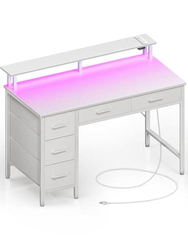 Seventable Computer Desk with Power Outlets & LED Light, 39 inch Home Office Desk with 5 Drawers, Writing Desk with Monitor Stand, Work Desk for Home Office, White