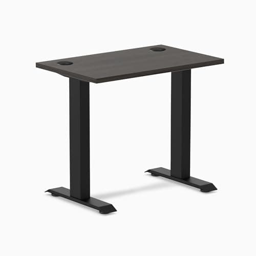 Desky Zero Mini Office Desk, 32 x 20 in with Grommets Fixed Height Desk with Laminate Top and Matte Black Steel Frame, Compact Modern Workstation for Home Office or Study – Burnished Wood Finish