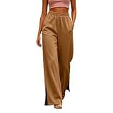 Womens Casual Loose Pants High Waisted Drawstring Split Pants Elastic Waist Wide Leg Lounge Trousers with Pockets Brown