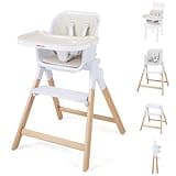 BABY JOY 4-in-1 Convertible High Chair, Foldable Wooden Highchair for Babies and Toddlers | Dining Booster Seat | High Stool, Double Removable Tray, 5-Point Safety Harness & Easy Clean Cushion (Beige)