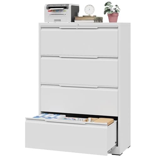 Korolado 4 Drawer Lateral File Cabinet with Lock, Heavy Duty Large Metal Filing Cabinet for Home Office, Letter/Legal/F4/A4 Size, Easy Assembly, White