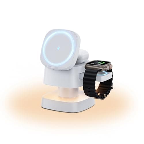 Kcuskl 4 in 1 Magnetic Wireless Charging Station,15W Fast Charging with Adjustable Night Light,3 in 1 Wireless Charging Station for iPhone 17/16/15/14/13/12/11 Pro Max & Apple Watch,AirPods (White)