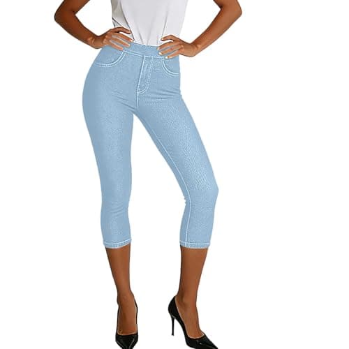 Women Yoga Leggings Capri Jeans Slim-Fitted Stretchy Trendy High Waist Capris Pants Summer Casual Workout Jeans Light Blue