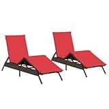 KMUNGDWG Patio Sun Loungers 2 Pack with Cushions, Brown Poly Rattan Outdoor Loungers with Adjustable Backrest and Footrest, Powder-Coated Steel Frame