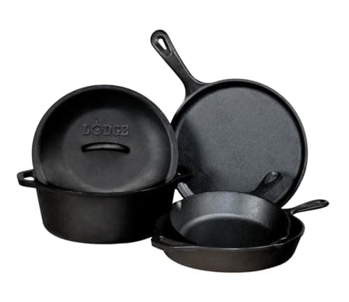 Lodge Cast Iron Set - 5-Piece Set - Pre-Seasoned Kitchen Set - Skillets, Griddle & Dutch Oven Included - PFAS-Free Non-Toxic Cookware