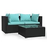 WDSAYREH 3 Piece Patio Lounge Set with Cushions, Black Poly Rattan Sofa Set with Powder Coated Steel Frame and Plastic Chrome Feet, Waterproof PE Rattan Outdoor Furniture for Garden