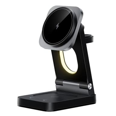 WFGLH 3 in 1 Fast Wireless Charger Stand with Ambient Night Light, 15W Wireless Charging Station for Apple Devices, Foldable Charger for iPhone 16/15/14/13/12, Apple Watch&Airpods,Black