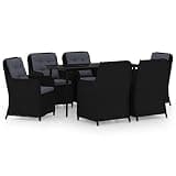 7 Piece Patio Dining Set Black with Steel Frame, PE Rattan Chairs, Removable Cushions, and Glass Tabletop